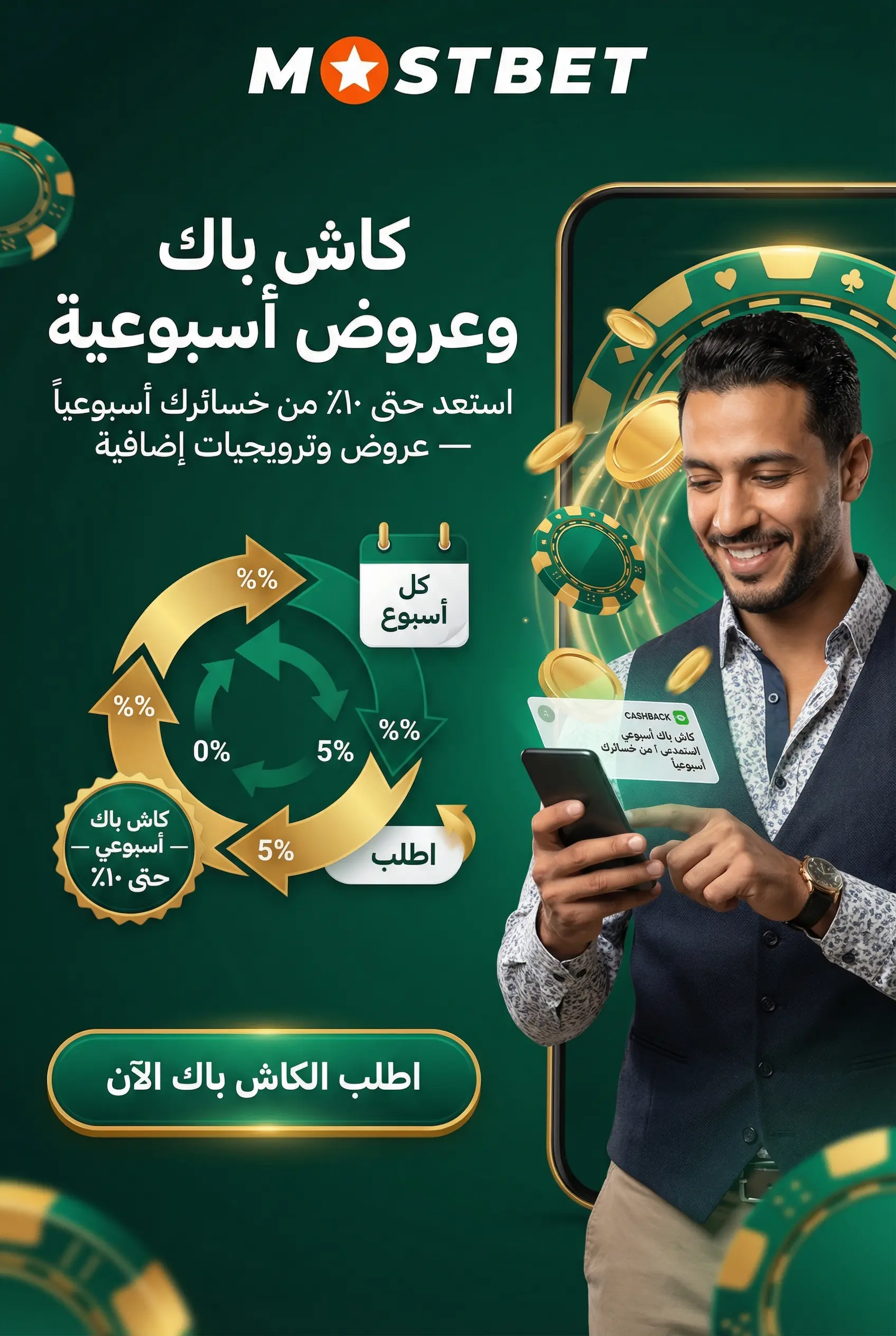 صورة توضح الكاش باك والعروض الأسبوعية في Mostbet